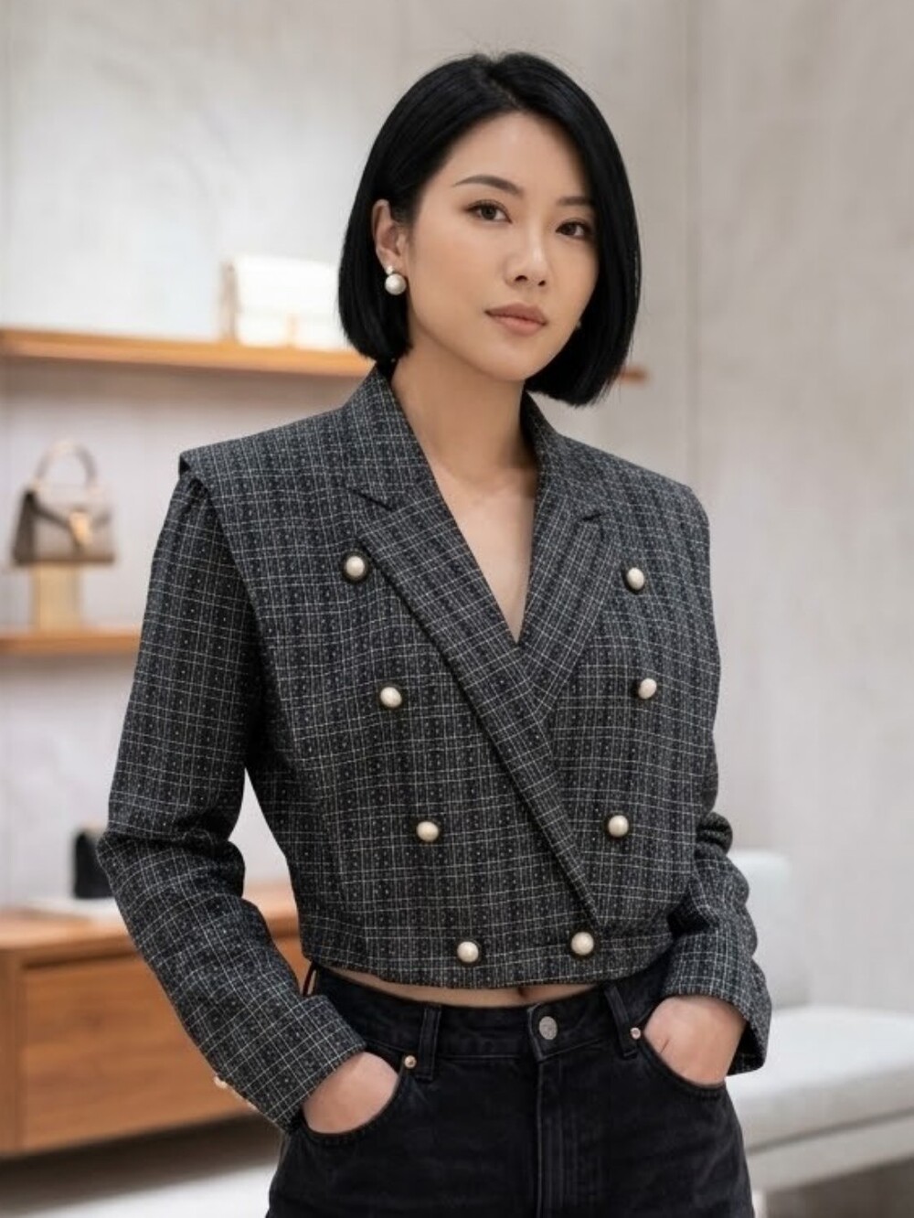 Y2K 90's☮A. Byer,California VINTAGE Plaid Double-Breasted Cropped Blazer Sz S/M